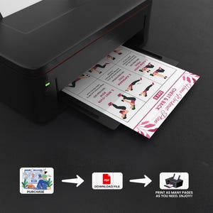 May include: A black printer printing a "Home Workout Plan" on white paper. The plan includes exercises for chest and back. The image also shows a purchase icon, a PDF download icon, and a printer icon with the text "Print as many pages as you need. Enjoy!!"