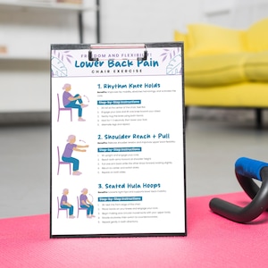 Peut inclure: Un presse-papiers noir avec un guide imprim&eacute; d'exercices pour les maux de dos. Le guide comprend des illustrations et des instructions pour les exercices sur chaise. Une barre de pompes bleue et noire repose sur un tapis rose.