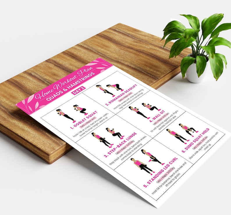 Puede incluir: Un plan de entrenamiento en casa rosa y blanco titulado "Home Workout Plan QUADS & HAMSTRINGS DAY 2" se muestra en una tabla de cortar de madera. El plan incluye ilustraciones e instrucciones para varios ejercicios.