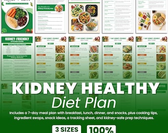 Plan de alimentación renal (PDF) / Guía de 7 días para la dieta renal con recetas de alimentación limpia y alimentos bajos en sodio / Planificador de comidas imprimible para la dieta renal