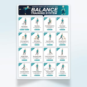 May include: A fitness planner titled "BALANCE TRAINING SYSTEM" with 16 illustrated exercises. Each exercise card features a stick figure demonstrating the movement, with instructions below. The exercises include heel raises, marching, and toe taps.