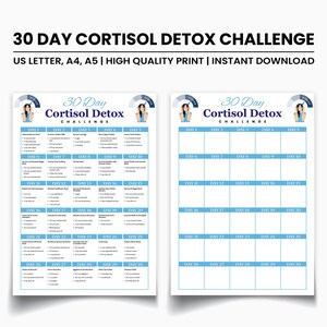 May include: Two printable 30 Day Cortisol Detox Challenge planners. The text includes the title, "30 Day Cortisol Detox Challenge", and the text "US LETTER, A4, A5 | HIGH QUALITY PRINT | INSTANT DOWNLOAD". The planners have a blue and white colour scheme.