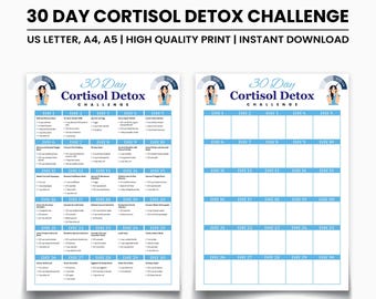 May include: Two printable 30 Day Cortisol Detox Challenge planners. The text includes the title, "30 Day Cortisol Detox Challenge", and the text "US LETTER, A4, A5 | HIGH QUALITY PRINT | INSTANT DOWNLOAD". The planners have a blue and white color scheme.