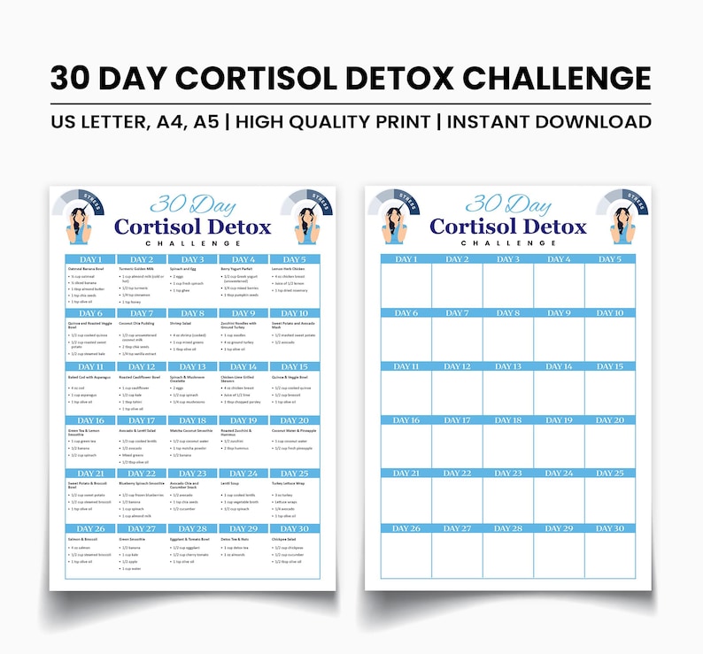 Puede incluir: Dos planificadores imprimibles del desaf&iacute;o de desintoxicaci&oacute;n de cortisol de 30 d&iacute;as. El texto incluye el t&iacute;tulo, "30 Day Cortisol Detox Challenge", y el texto "US LETTER, A4, A5 | HIGH QUALITY PRINT | INSTANT DOWNLOAD". Los planificadores tienen un esquema de color azul y blanco.