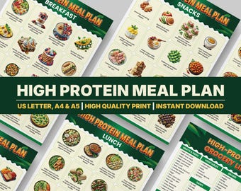 Plan de comidas alto en proteínas para imprimir / Dieta alta en proteínas / Planificador de alimentación saludable / Guía para perder peso y ganar músculo