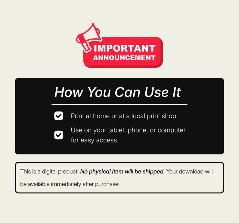 Puede incluir: Anuncio de producto digital con una pancarta roja con el texto &laquo;IMPORTANT ANNOUNCEMENT&raquo;. La imagen explica c&oacute;mo usar el producto: imprimir en casa o usar en una tableta, tel&eacute;fono o computadora.