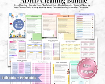 ADHD cleaning planner bundle - cleaning checklist, cleaning card, cleaning schedule, family chore chart, declutter challenge |Canva Template