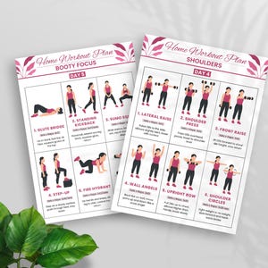 May include: Two pink and white home workout plan sheets. One focuses on Booty exercises, Day 5, and the other on Shoulders, Day 4. Each sheet features illustrated exercise instructions with sets and reps.