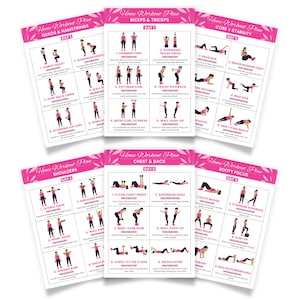 Könnte beinhalten: Ein Satz von sechs rosa und weißen Home-Workout-Plan-Blättern. Jedes Blatt zeigt einen anderen Trainingsschwerpunkt, darunter Quadrizeps & Oberschenkel, Bizeps & Trizeps, Core & Stabilität, Schultern, Brust & Rücken und Po-Fokus. Die Blätter enthalten Illustrationen von Übungen.