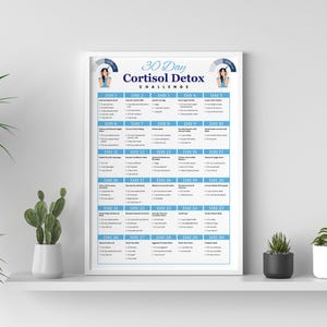 Puede incluir: Una impresi&oacute;n enmarcada con un borde blanco, que presenta un desaf&iacute;o de desintoxicaci&oacute;n de cortisol de 30 d&iacute;as. La tabla azul y blanca enumera los planes de comidas diarios. La parte superior de la impresi&oacute;n tiene un dise&ntilde;o circular con la silueta de una mujer.