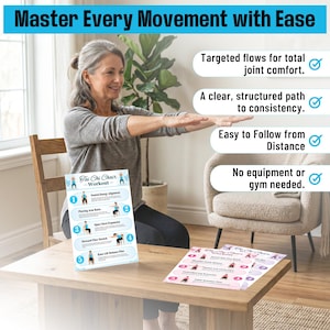 May include: An older adult demonstrates Tai Chi exercises, with instructional cards on a wooden table. The cards feature illustrations and text, including "Tai Chi Chair Workout" and exercise names. The image also includes text: "Master Every Movement with Ease."
