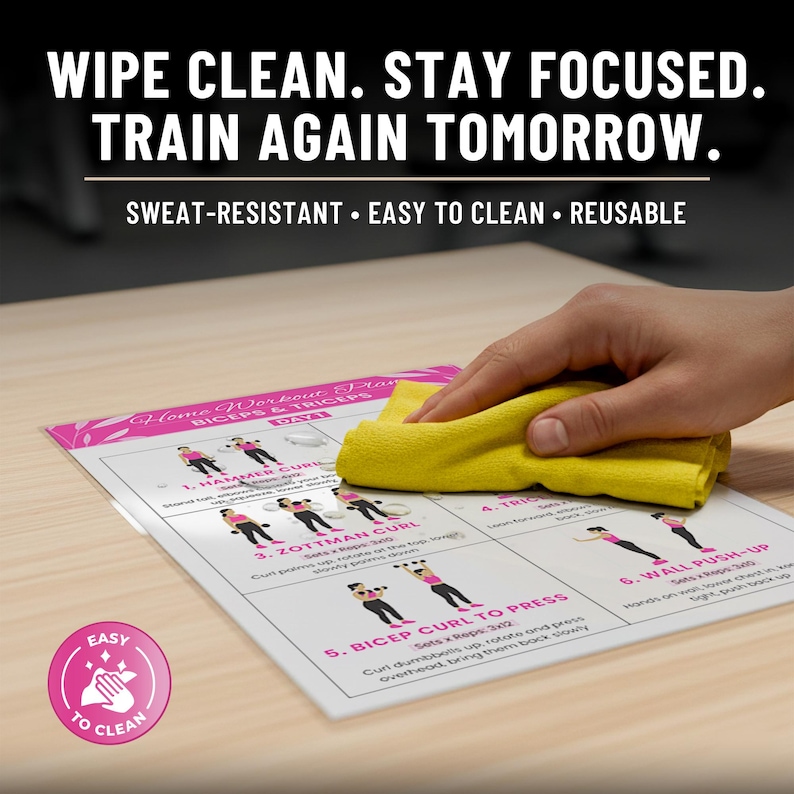May include: A workout plan with illustrations for biceps and triceps exercises. The plan is being wiped clean with a yellow cloth. Text at the top reads "Wipe Clean. Stay Focused. Train Again Tomorrow." and "Sweat-Resistant &bull; Easy to Clean &bull; Reusable."