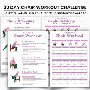30 Day Chair Yoga Challenge, Quick Office Workout, Sitting Workout, Chair Exercises Guide, Seated Fitness Exercise For Seniors Printable