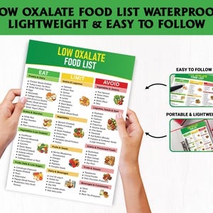 May include: A waterproof and lightweight low oxalate food list with the text "LOW OXALATE FOOD LIST WATERPROOF LIGHTWEIGHT & EASY TO FOLLOW". The list is divided into Eat, Limit, and Avoid sections, with food examples. Includes a smaller, portable version.
