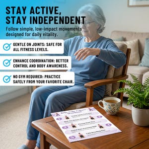 May include: An elderly person sits in a wooden chair, with a workout guide on a table. The guide, titled "Tai Chi Chair Workout," details exercises. Text on the image promotes staying active and independent with low-impact movements. The image highlights gentle joint exercises, enhanced coordination, and no gym requirement.