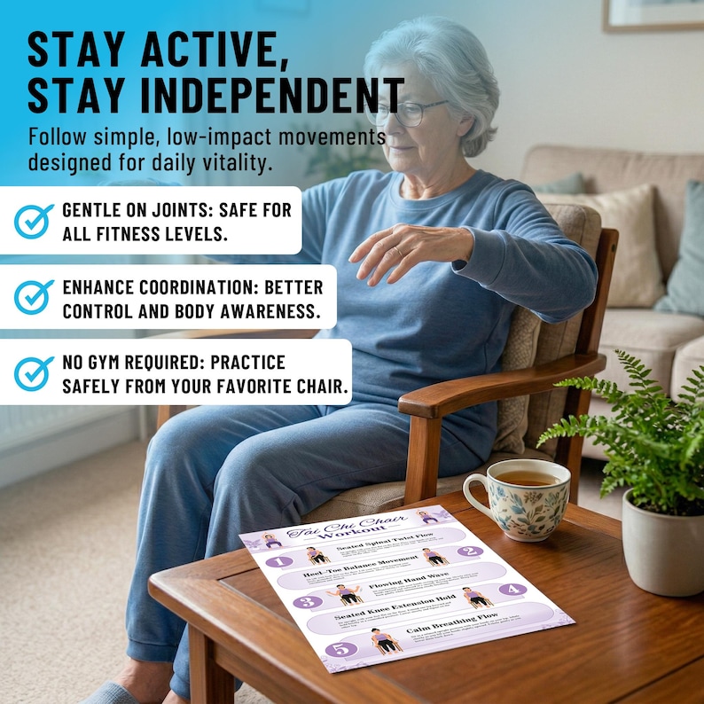 May include: An elderly person sits in a wooden chair, with a workout guide on a table. The guide, titled "Tai Chi Chair Workout," details exercises. Text on the image promotes staying active and independent with low-impact movements. The image highlights gentle joint exercises, enhanced coordination, and no gym requirement.