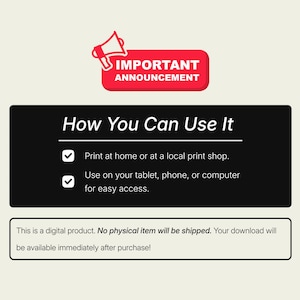 以下が含まれることがあります： 「IMPORTANT ANNOUNCEMENT」のテキストが入った赤いバナーが付いたデジタル製品の発表。画像は、自宅で印刷するか、タブレット、携帯電話、またはコンピューターで使用する方法を説明しています。