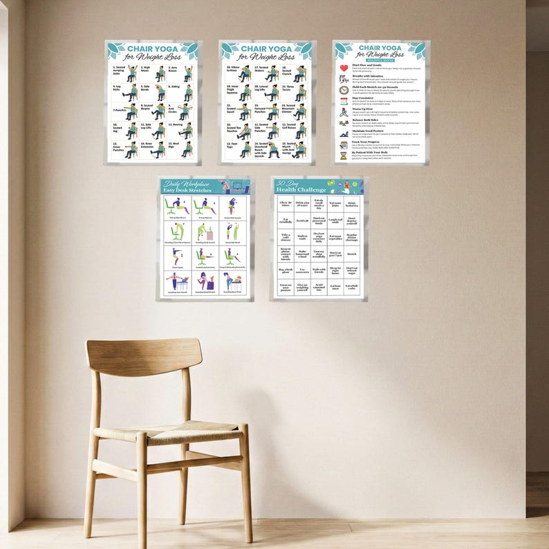 May include: A wooden chair with a woven seat stands before a wall adorned with five framed posters. The posters display text and illustrations about chair yoga and a 50-day health challenge. The posters are in shades of blue, green, and white.