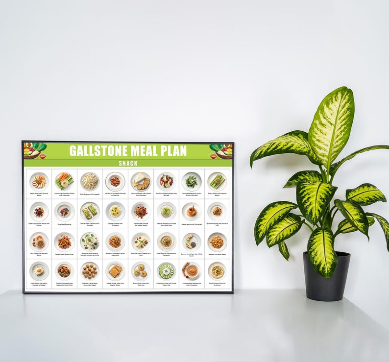 May include: A green and white poster with the title "Gallstone Meal Plan" and the word "Snack" in a smaller font. The poster features a grid of 36 small images of different food items, each on a white plate.