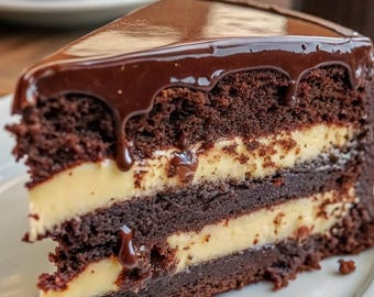 May include: A slice of chocolate cake with a layer of vanilla frosting and a chocolate ganache topping.