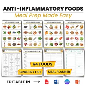 以下が含まれることがあります： 「ANTI-INFLAMMATORY FOODS」と「Meal Prep Made Easy」のテキストが入ったグラフィック。食品チャート、買い物リスト、食事プランナーが含まれています。画像には「64 FOODS」、「GROCERY LIST」、「MEAL PLANNER」とラベルが付けられています。