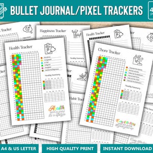 2025 Bullet Journal Trackers, Undated, Yearly trackers bundle, BUJO Planner with doodles to color and track goals around the year, Printable