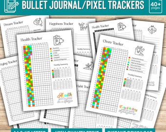 2025 Bullet Journal Trackers, Undated, Yearly trackers bundle, BUJO Planner with doodles to color and track goals around the year, Printable