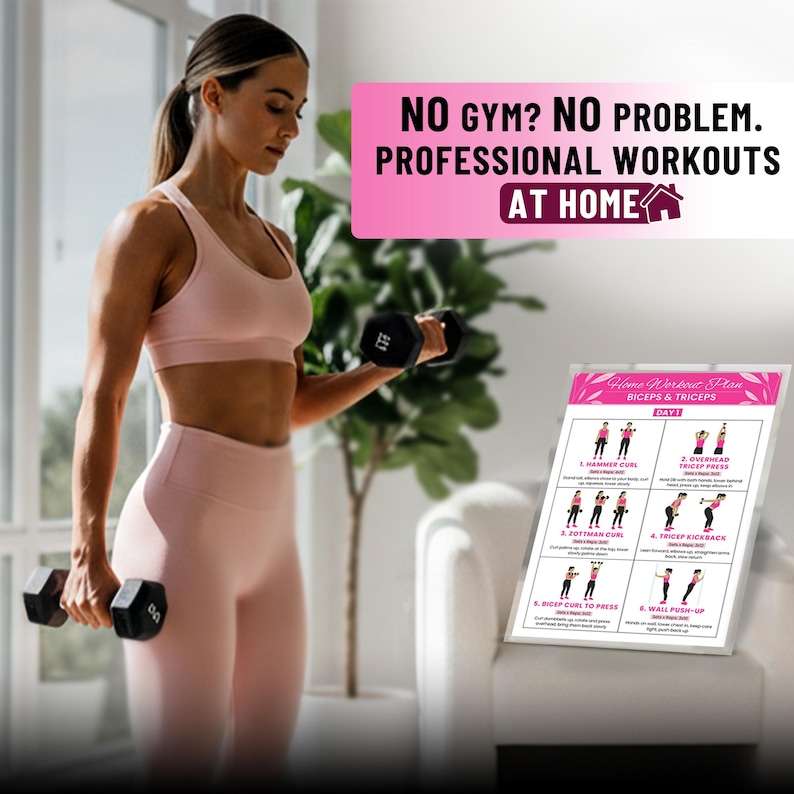 May include: A woman in pink activewear exercises with black dumbbells. The image includes text that reads "NO GYM? NO PROBLEM. PROFESSIONAL WORKOUTS AT HOME." A workout plan for biceps and triceps is also visible.
