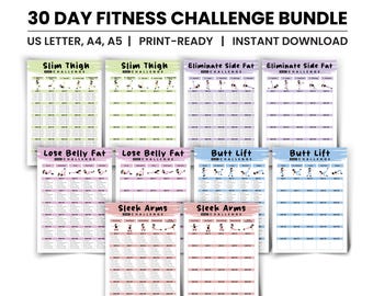 Full Body 30 Day Challenge Bundle, Squat Challenge, Belly Fat, Slim Thigh & Arm Workout Printables