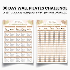 30 Day Challenge Wall Pilates Workout, Wall Exercise for Women, Flat Stomach Challenge, Core Strength, Instant Download, Printable, PDF