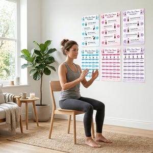 May include: A woman in gray activewear sits on a wooden chair, practicing Tai Chi. Six colorful posters with Tai Chi workout instructions hang on the wall. The room has a neutral color palette with a plant and a small table.