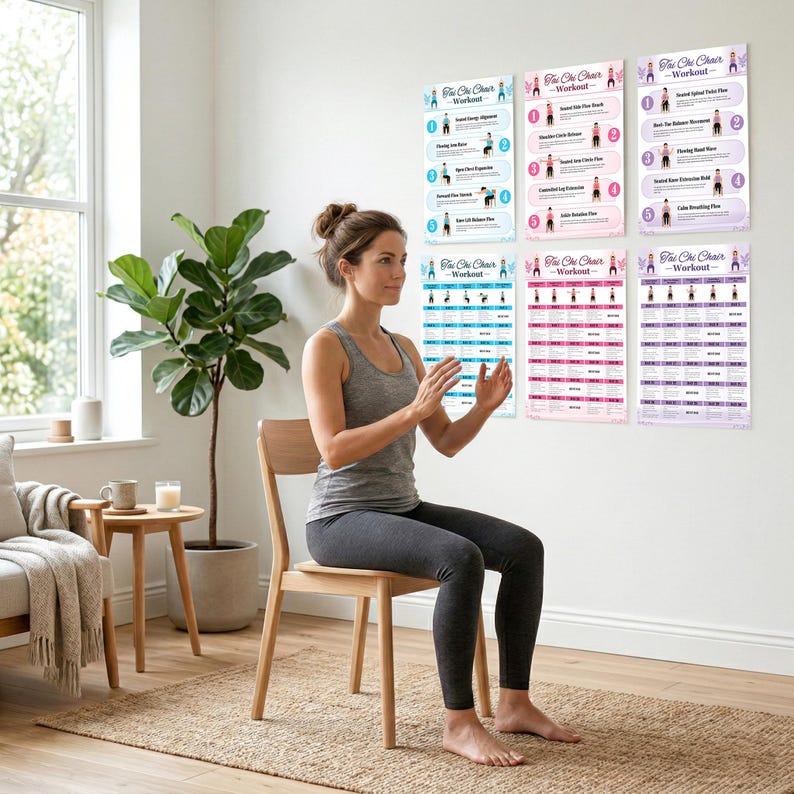May include: A woman in gray activewear sits on a wooden chair, practicing Tai Chi. Six colorful posters with Tai Chi workout instructions hang on the wall. The room has a neutral color palette with a plant and a small table.
