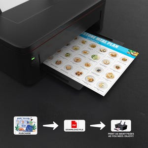 May include: A black and white illustration of a person purchasing a printable PDF meal plan. The meal plan is titled "Stone Meal Plan" and features a variety of breakfast options. The image shows a printer printing the meal plan.
