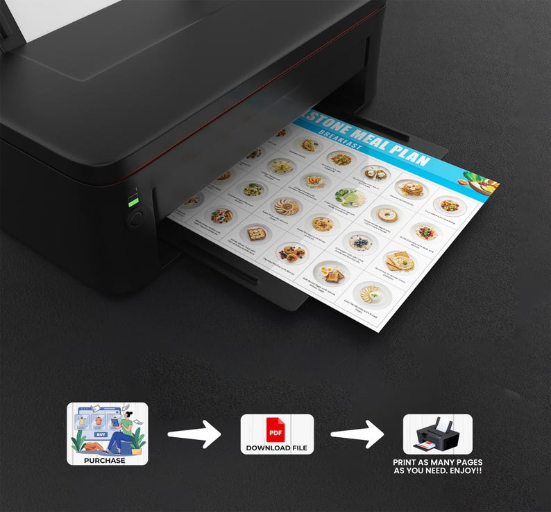 May include: A black and white illustration of a person purchasing a printable PDF meal plan. The meal plan is titled "Stone Meal Plan" and features a variety of breakfast options. The image shows a printer printing the meal plan.