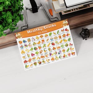K&ouml;nnte beinhalten: Eine bunte Tabelle mit dem Titel "Gesunde Snacks f&uuml;r Kinder" mit Illustrationen von &uuml;ber 100 verschiedenen gesunden Snacks f&uuml;r Kinder. Die Tabelle zeigt eine Vielzahl von Obst, Gem&uuml;se und anderen gesunden Lebensmitteln.