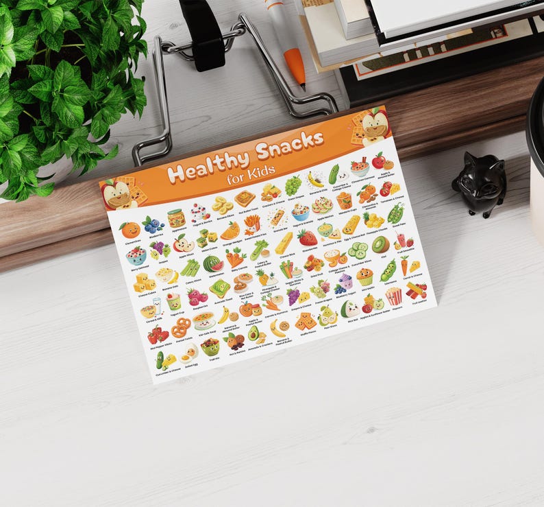 K&ouml;nnte beinhalten: Eine bunte Tabelle mit dem Titel "Gesunde Snacks f&uuml;r Kinder" mit Illustrationen von &uuml;ber 100 verschiedenen gesunden Snacks f&uuml;r Kinder. Die Tabelle zeigt eine Vielzahl von Obst, Gem&uuml;se und anderen gesunden Lebensmitteln.