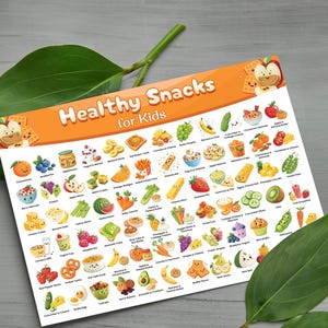 K&ouml;nnte beinhalten: Eine bunte Tabelle mit dem Titel "Gesunde Snacks f&uuml;r Kinder" listet eine Vielzahl von gesunden Snacks f&uuml;r Kinder auf. Die Tabelle zeigt Illustrationen der einzelnen Snacks, darunter Obst, Gem&uuml;se, Milchprodukte und Getreide.