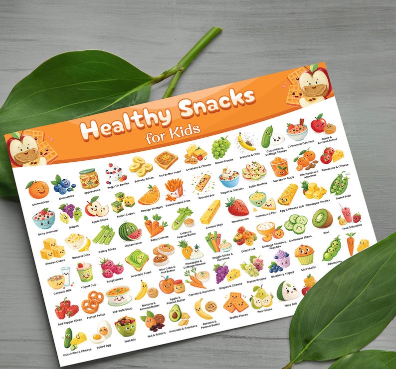 K&ouml;nnte beinhalten: Eine bunte Tabelle mit dem Titel "Gesunde Snacks f&uuml;r Kinder" listet eine Vielzahl von gesunden Snacks f&uuml;r Kinder auf. Die Tabelle zeigt Illustrationen der einzelnen Snacks, darunter Obst, Gem&uuml;se, Milchprodukte und Getreide.