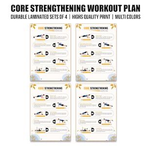 May include: Four durable laminated core strengthening workout plans with high-quality print and multi-colour design. Each plan features exercises with numbered steps and illustrations. The text at the top reads "CORE STRENGTHENING WORKOUT PLAN".