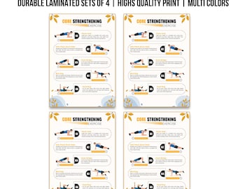 Core Strengthening Workout Plan - Set of 4 Laminated Exercise Posters | Home Gym Decor | Ab Workout Guide for Beginners