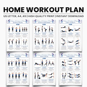 Pode incluir: São exibidas seis folhas de plano de treino doméstico para impressão. Cada folha apresenta exercícios ilustrados com instruções. O banner superior diz "HOME WORKOUT PLAN" e inclui o texto "US LETTER, A4, A5 | HIGH QUALITY PRINT | INSTANT DOWNLOAD".