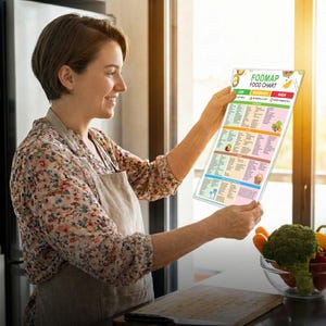 May include: A woman holding a FODMAP food chart in a kitchen setting. The chart displays a color-coded list of foods categorized as low, moderate, or high in FODMAPs. The chart is rectangular and features text and illustrations of various foods.