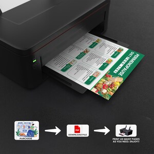 May include: A black and white illustration of a printer with a sheet of paper coming out of it. The paper has a green and white design with the text "PERIMENOPAUSE DIET FOOD LIST". The image shows the steps to purchase, download, and print the list.