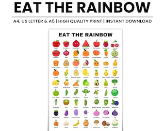 Könnte beinhalten: Eine druckbare Tabelle mit dem Titel "Iss den Regenbogen" mit bunten Illustrationen von Obst und Gemüse. Die Tabelle listet den Namen jedes Obst und Gemüses in alphabetischer Reihenfolge auf.