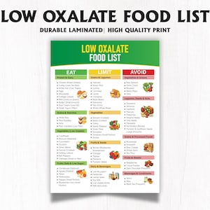 May include: A laminated food list titled "LOW OXALATE FOOD LIST" with sections for foods to eat, limit, and avoid. The list includes categories like protein, grains, vegetables, fruits, and beverages. The text "DURABLE LAMINATED | HIGH QUALITY PRINT" is at the top.