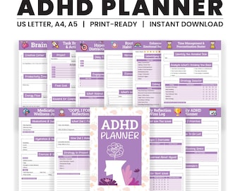 Planificador imprimible para TDAH, kit de herramientas para la función ejecutiva (PDF), diario de concentración y bienestar para adultos y adolescentes