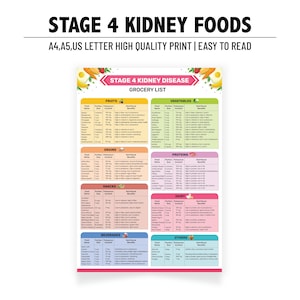 Stufe 4 Niereninsuffizienz Lebensmittel Liste | Druckbare Nieren Diet Chart | Nierenfreundliche Einkaufsführer Poster | Digitaler PDF Download A4 & US Letter