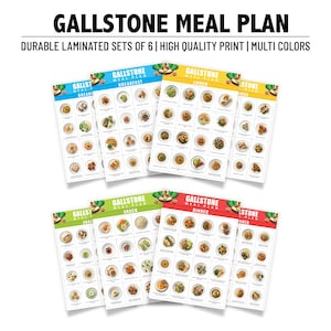 Puede incluir: Un conjunto de seis tarjetas de plan de comidas laminadas con el texto "GALLSTONE MEAL PLAN". Cada tarjeta presenta una categoría de comida diferente: Desayuno, Almuerzo, Cena y Merienda. Las tarjetas son multicolores con imágenes de comida.