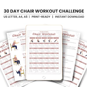 Desafío de 30 días de entrenamiento en silla para personas mayores, Guía de ejercicios de cuerpo completo, Desafío de entrenamiento en silla, Entrenamiento digital, Cuerpo de verano, PDF, A4 y carta EE. UU.