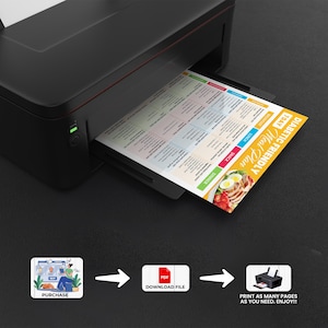 May include: A black printer printing a colorful 7-day diabetic-friendly meal plan. The plan includes sections for breakfast, lunch, dinner, and snacks. The image also shows the steps: purchase, download PDF, and print.